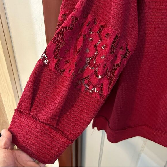Torrid Waffle V-neck Lace Inset Pullover Sweatshirt Rhubarb Sz 4 - Picture 7 of 16